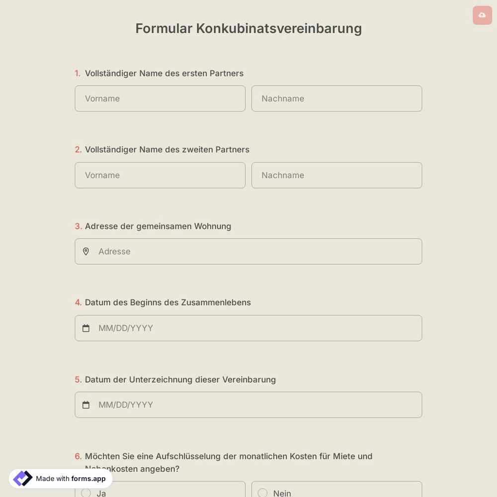 Formular Konkubinatsvereinbarung