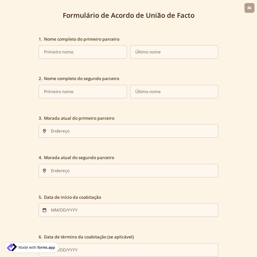 Formulário de Acordo de União de Facto