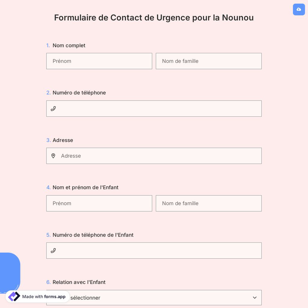 Formulaire de Contact de Urgence pour la Nounou