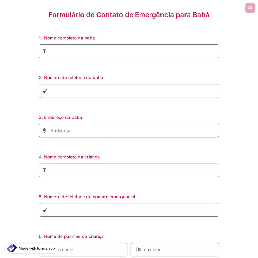 Formulário de Contato de Emergência para Babá