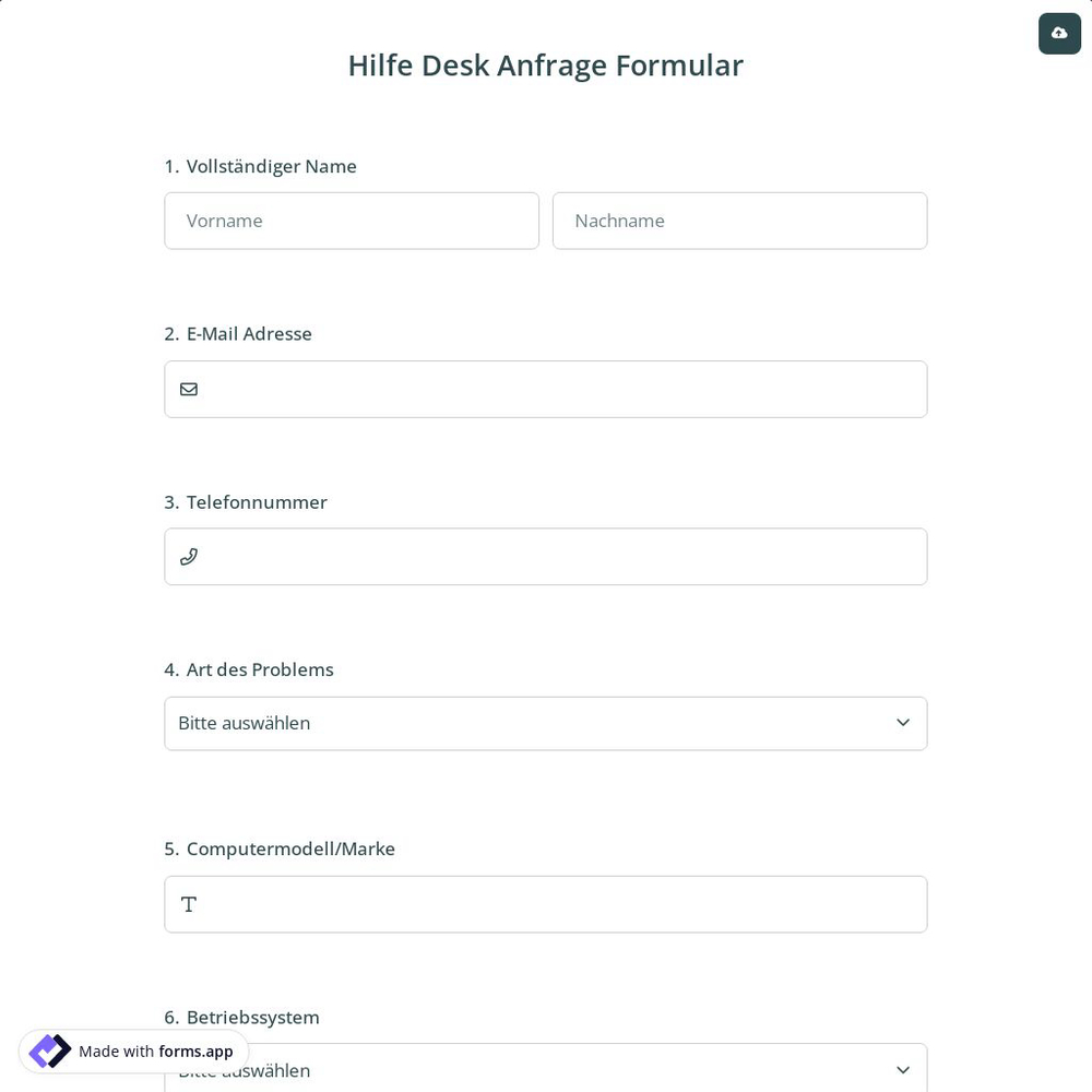 Hilfe Desk Anfrage Formular