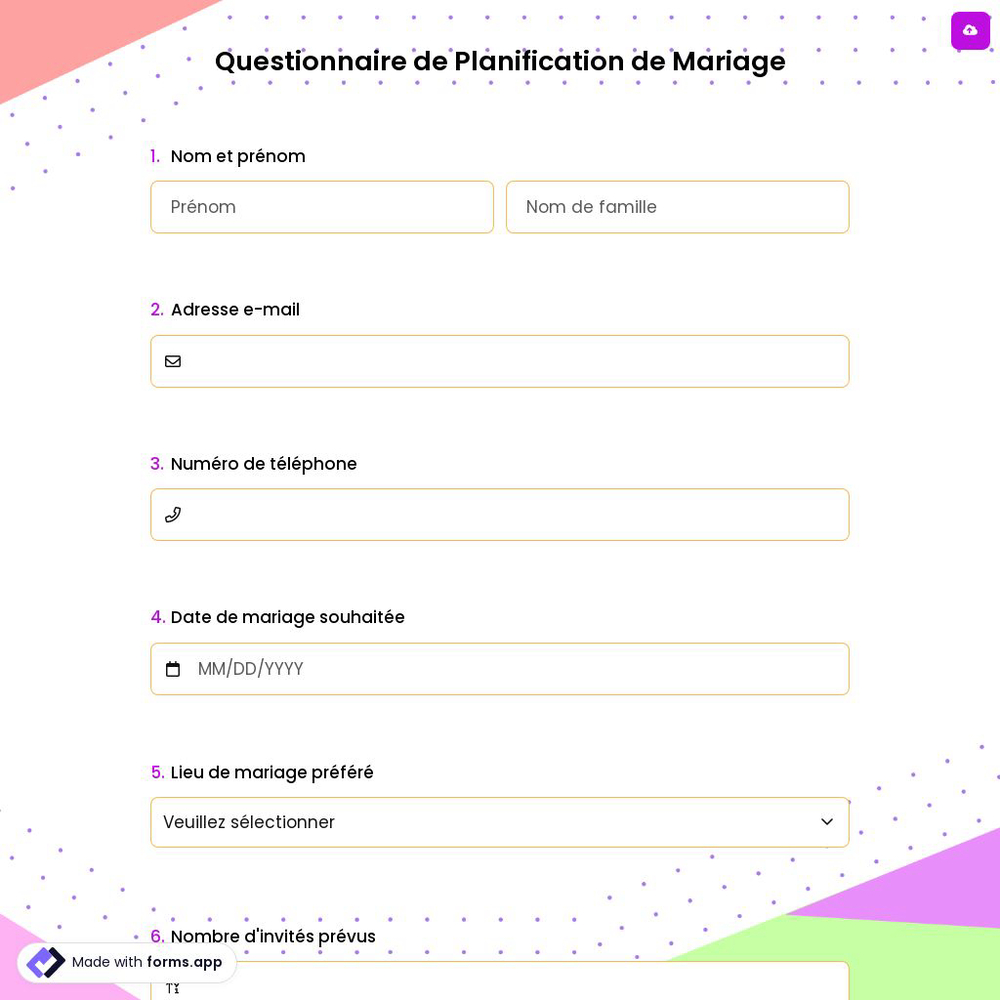 Questionnaire de Planification de Mariage