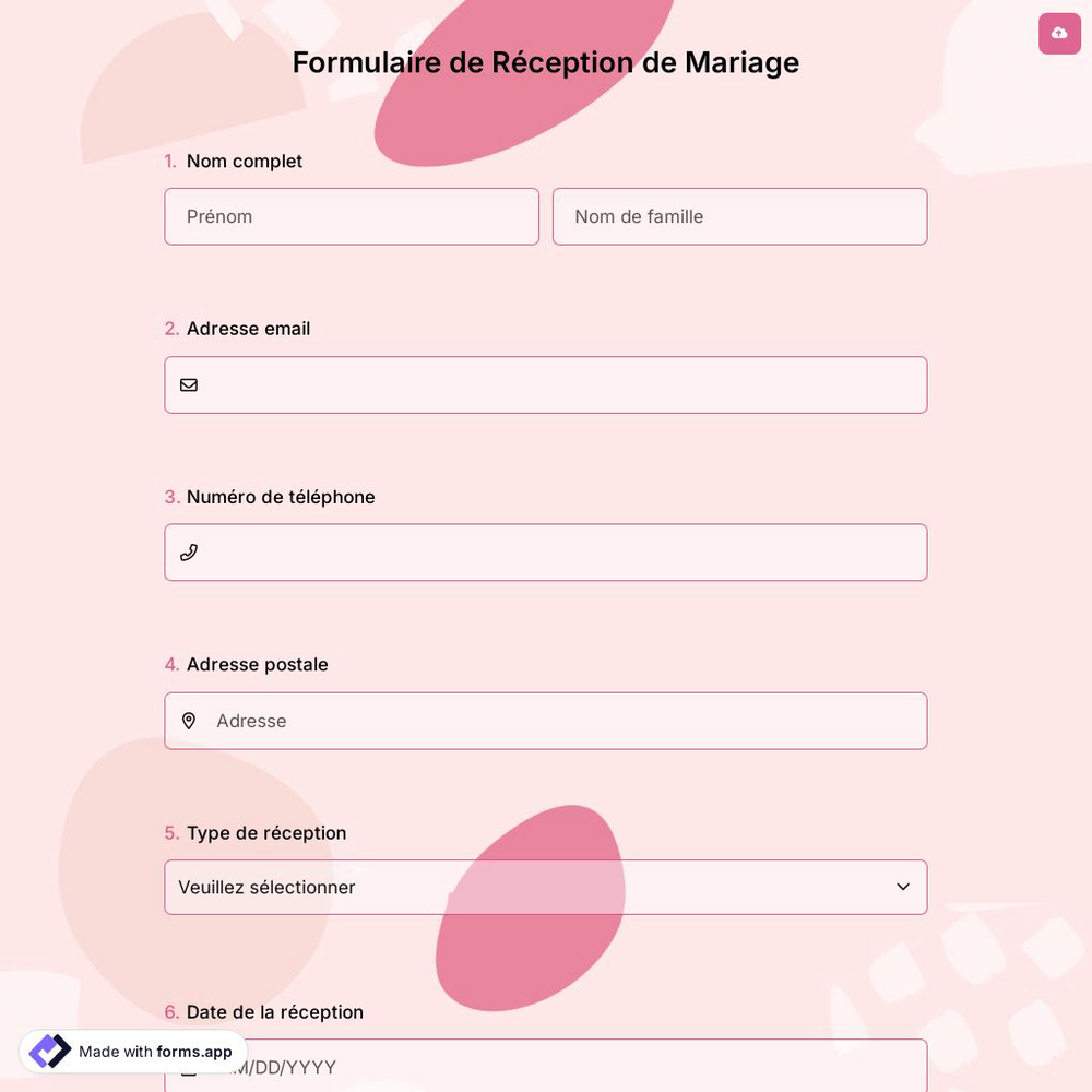 Formulaire de Réception de Mariage