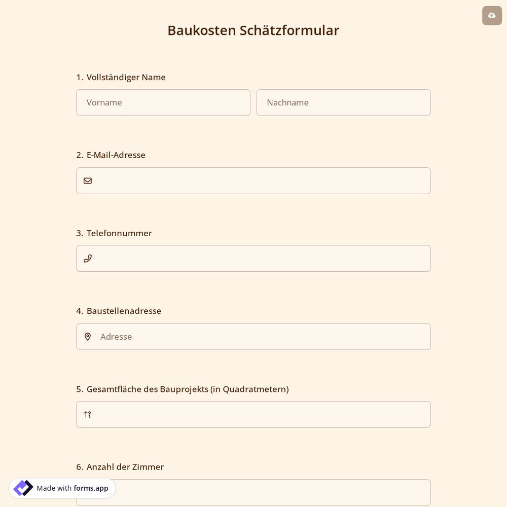 Baukosten Schätzformular