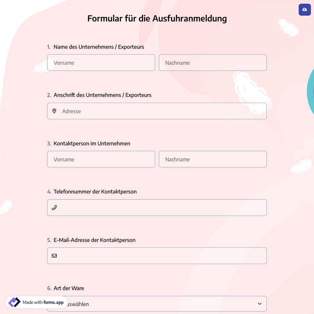 Formular für die Ausfuhranmeldung