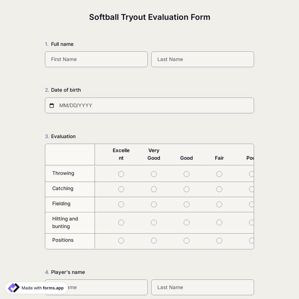 Softball Tryout Evaluation Form