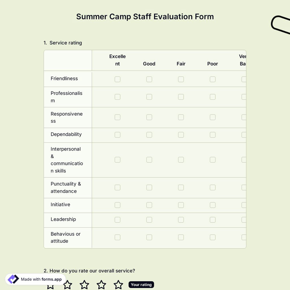Summer Camp Staff Evaluation Form