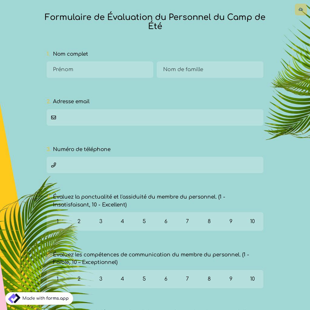 Formulaire de Évaluation du Personnel du Camp de Été