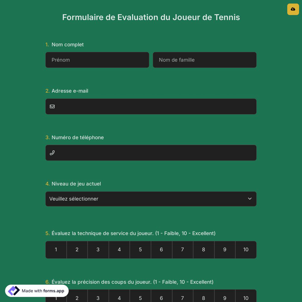 Formulaire de Evaluation du Joueur de Tennis