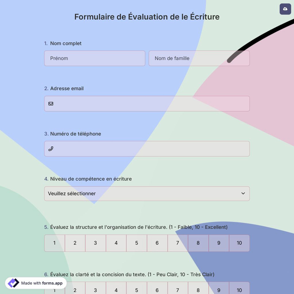 Formulaire de Évaluation de le Écriture
