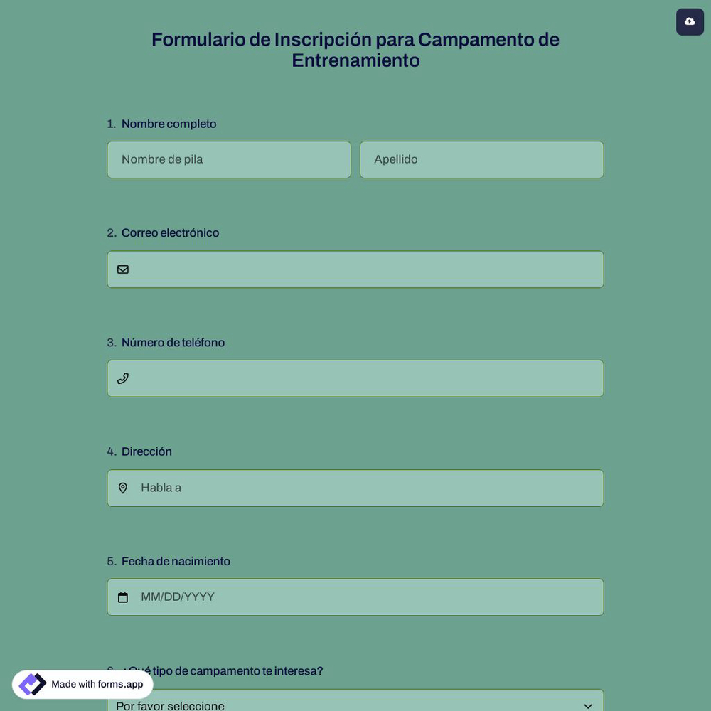 Formulario de Inscripción para Campamento de Entrenamiento