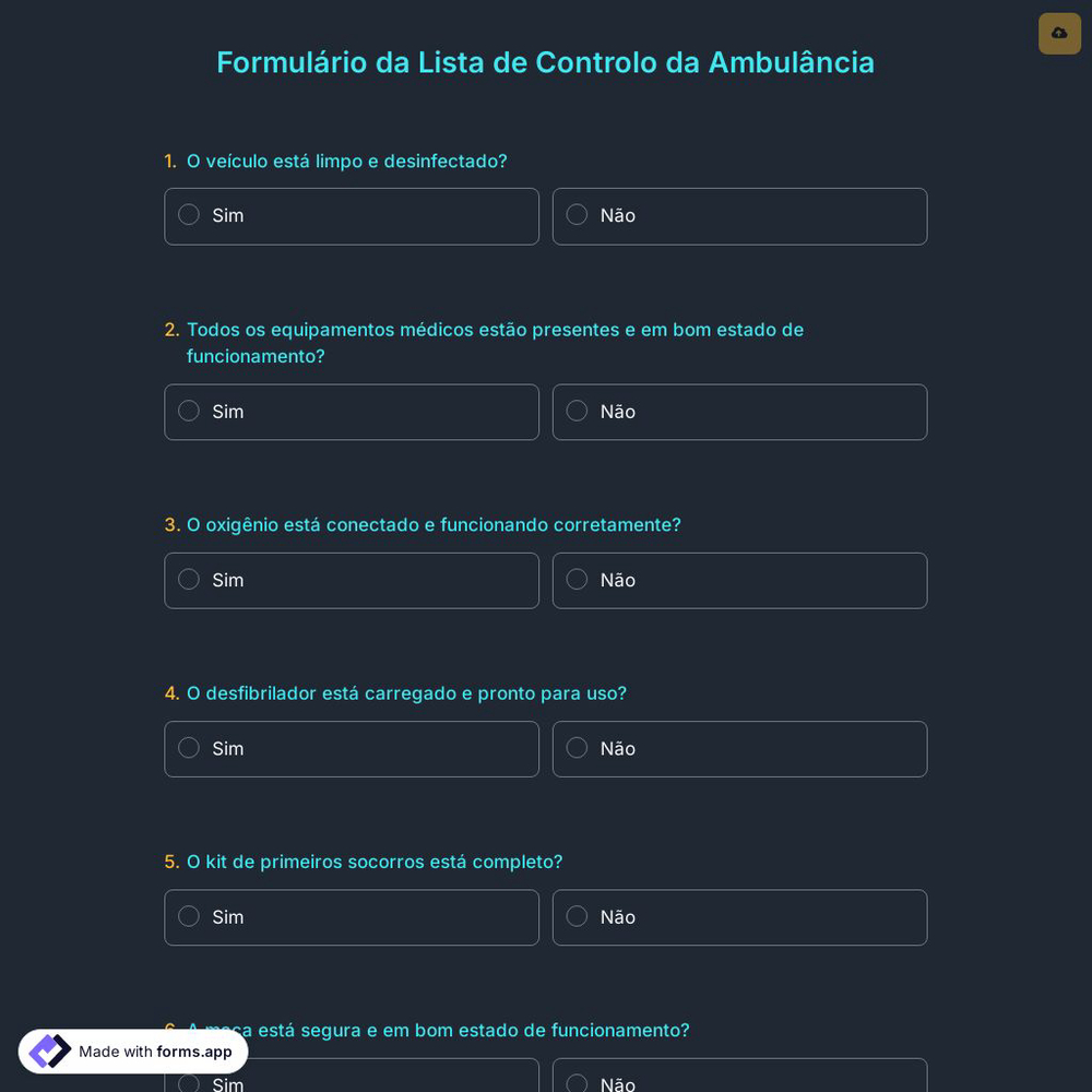 Formulário da Lista de Controlo da Ambulância