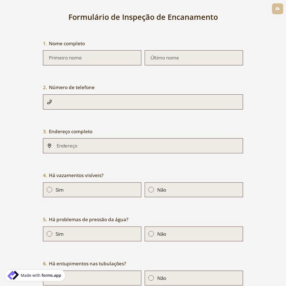 Formulário de Inspeção de Encanamento