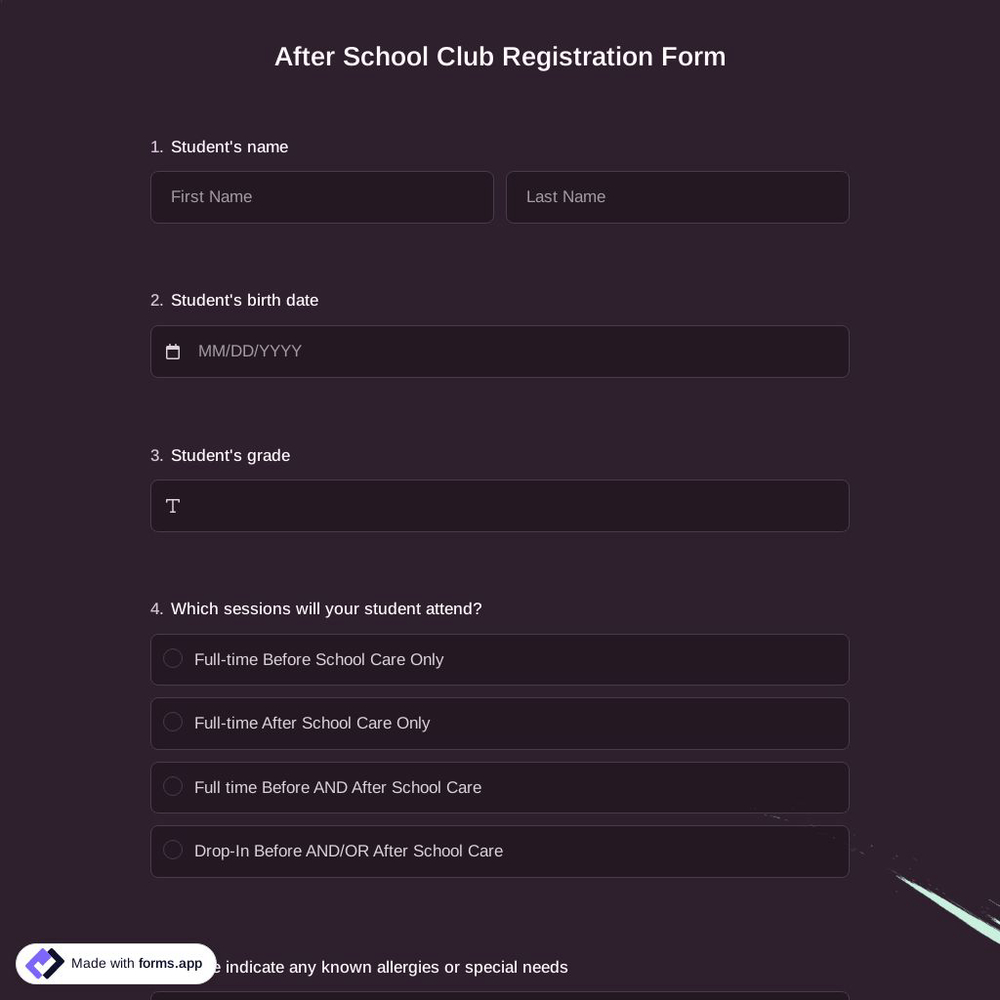 After School Club Registration Form
