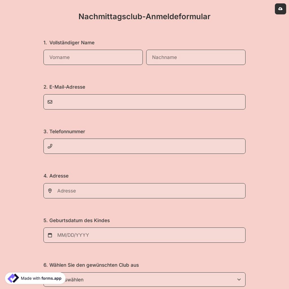 Nachmittagsclub-Anmeldeformular