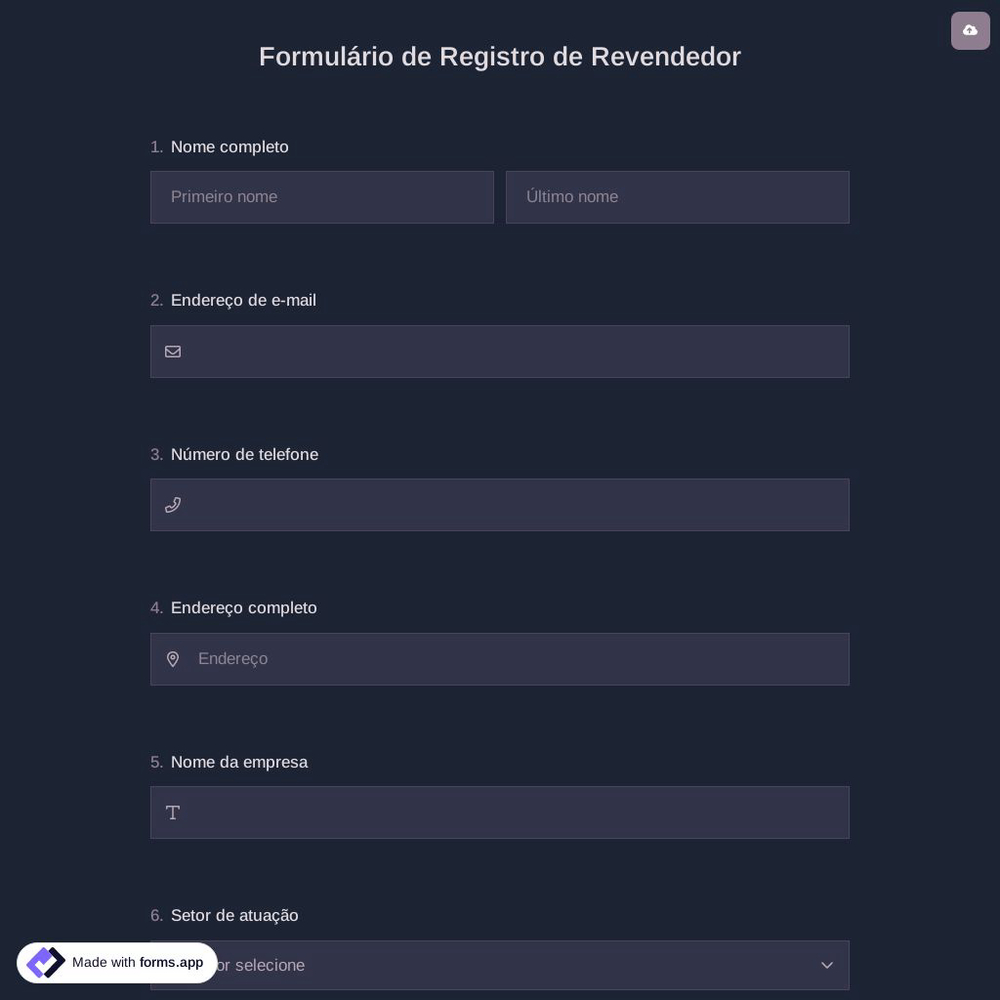 Formulário de Registro de Revendedor