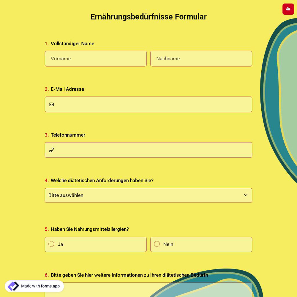 Ernährungsbedürfnisse Formular