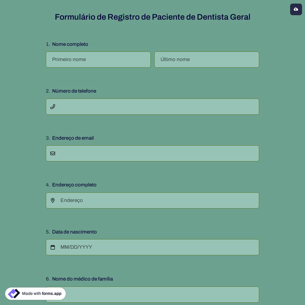 Formulário de Registro de Paciente de Dentista Geral