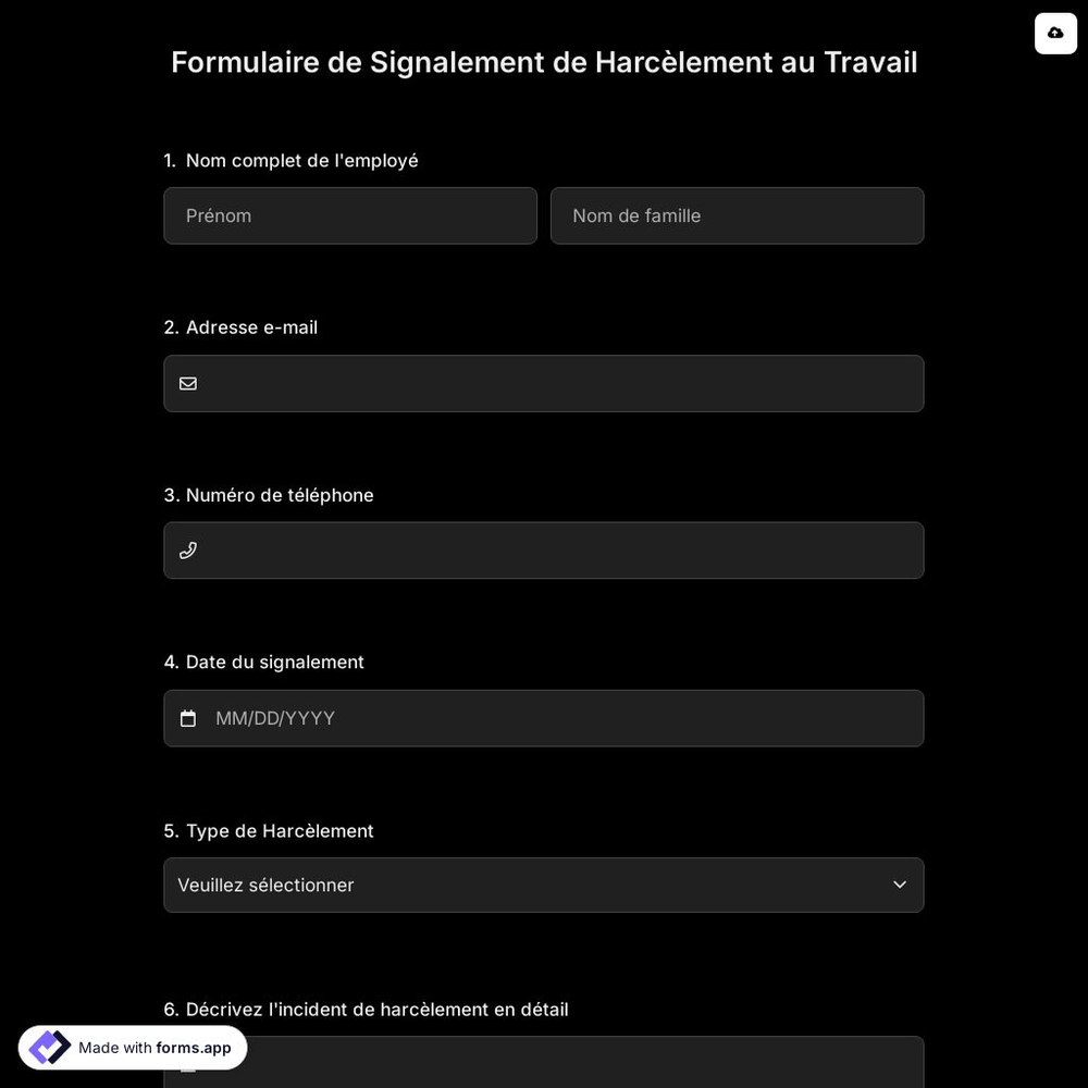 Formulaire de Signalement de Harcèlement au Travail