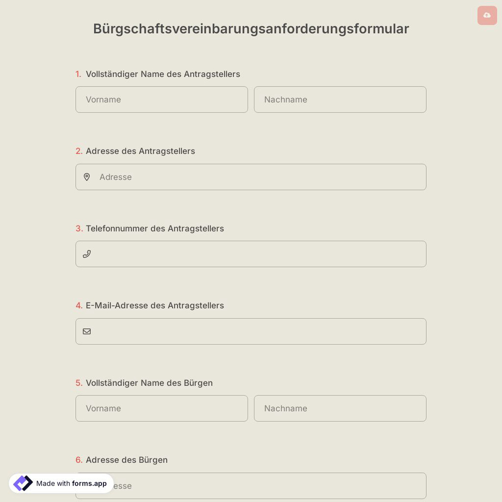 Bürgschaftsvereinbarungsanforderungsformular