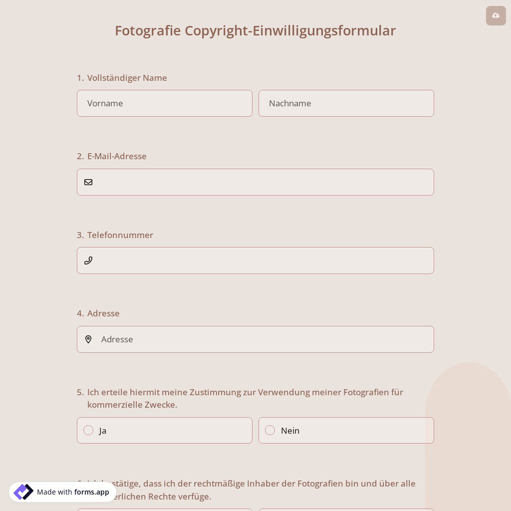 Fotografie Copyright-Einwilligungsformular