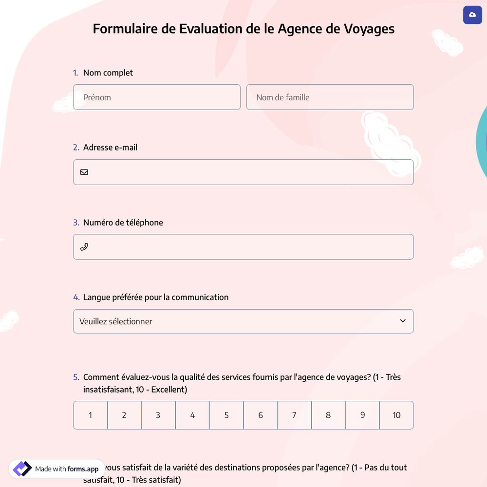 Formulaire de Evaluation de le Agence de Voyages