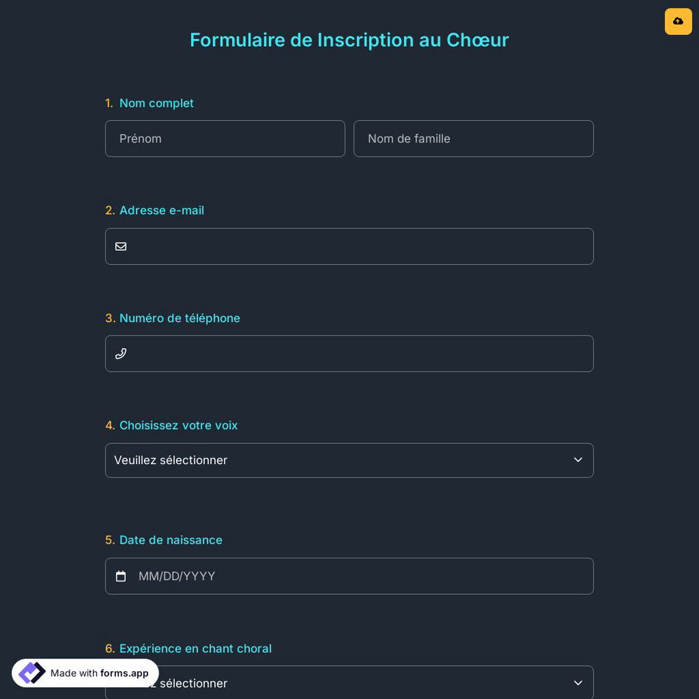 Formulaire de Inscription au Chœur