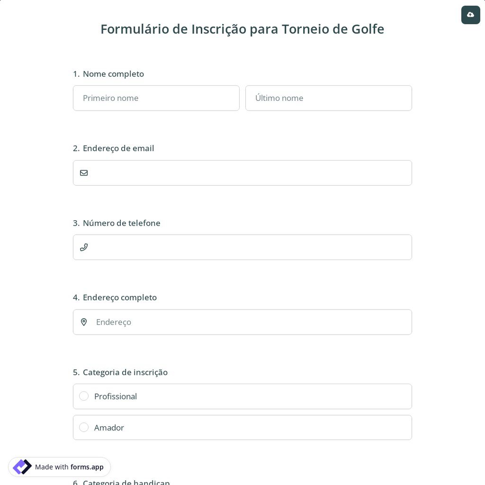 Formulário de Inscrição para Torneio de Golfe