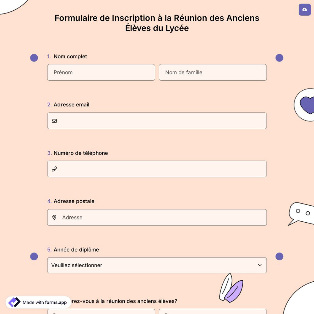 Formulaire de Inscription à la Réunion des Anciens Élèves du Lycée