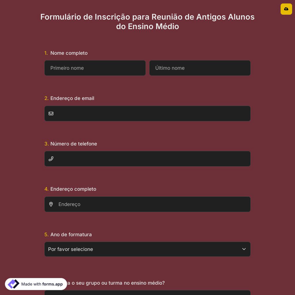 Formulário de Inscrição para Reunião de Antigos Alunos do Ensino Médio