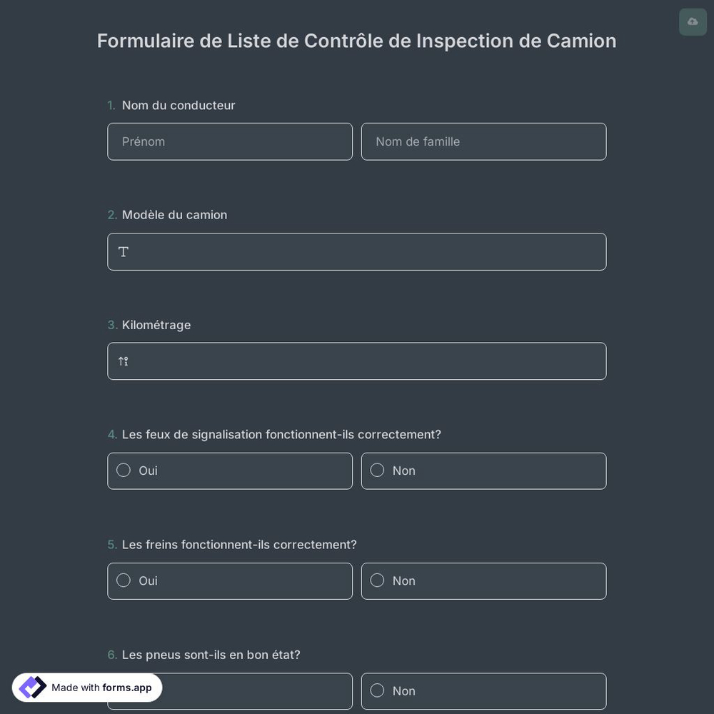 Formulaire de Liste de Contrôle de Inspection de Camion
