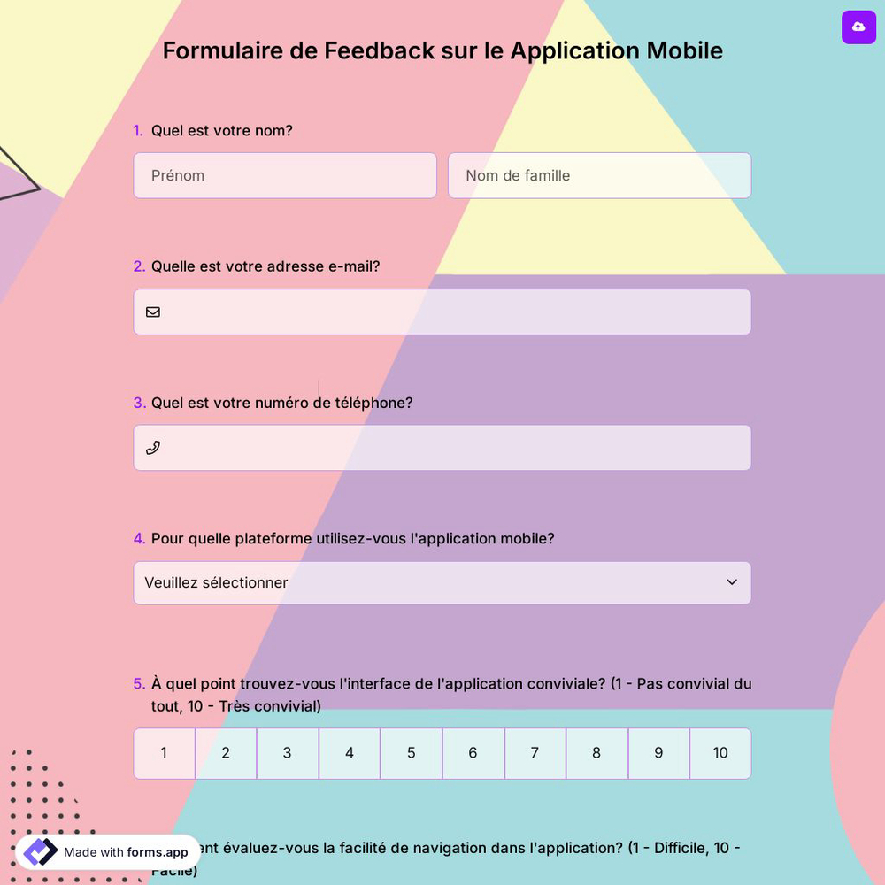 Formulaire de Feedback sur le Application Mobile