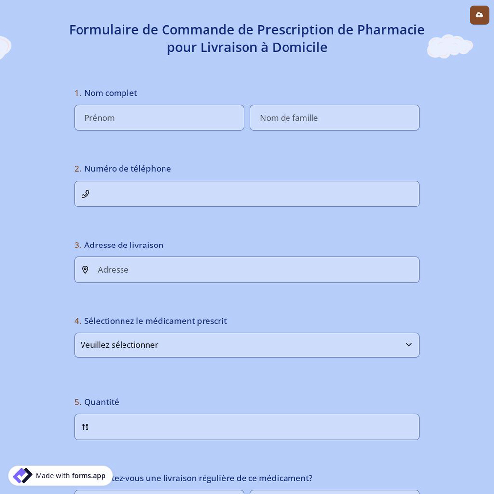 Formulaire de Commande de Prescription de Pharmacie pour Livraison à Domicile
