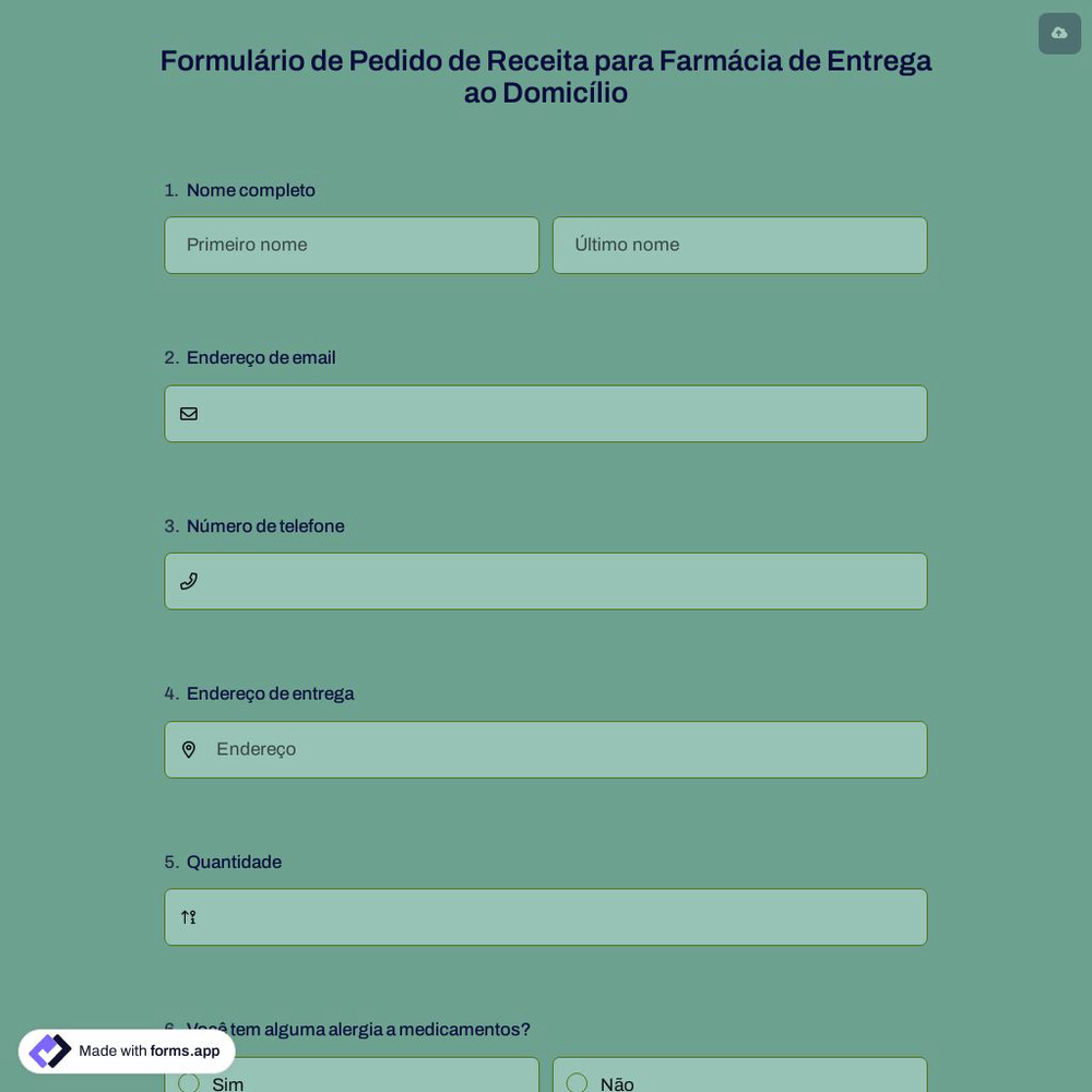 Formulário de Pedido de Receita para Farmácia de Entrega ao Domicílio