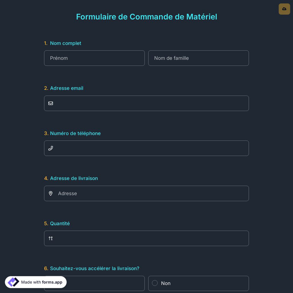 Formulaire de Commande de Matériel