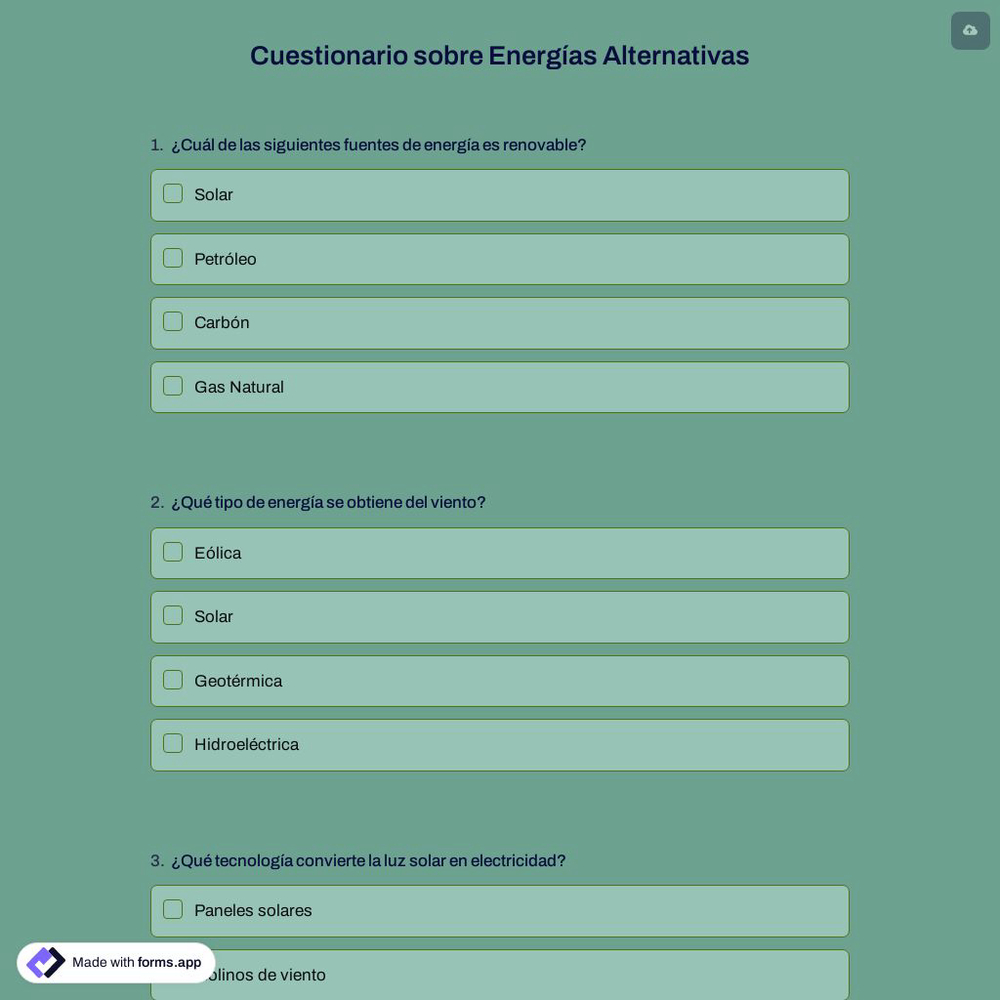 Cuestionario sobre Energías Alternativas