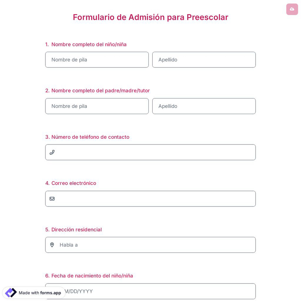 Formulario de Admisión para Preescolar
