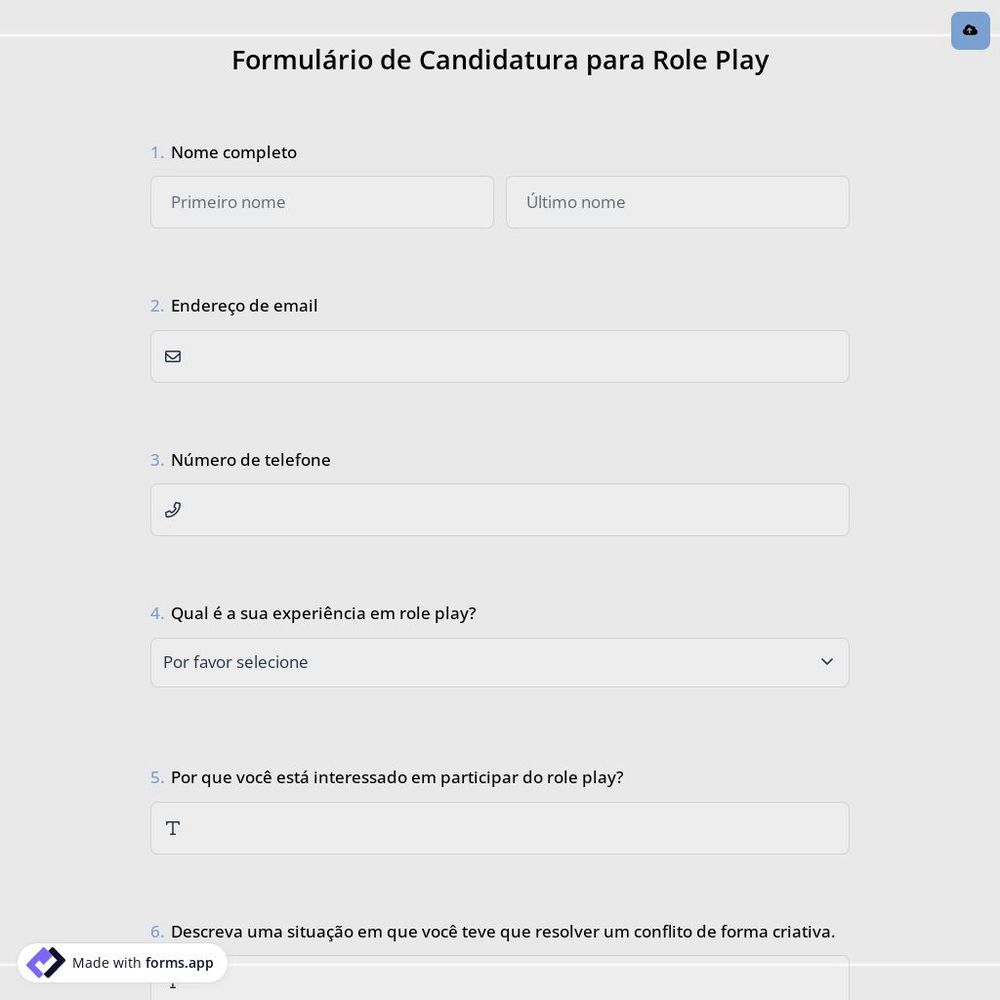 Formulário de Candidatura para Role Play