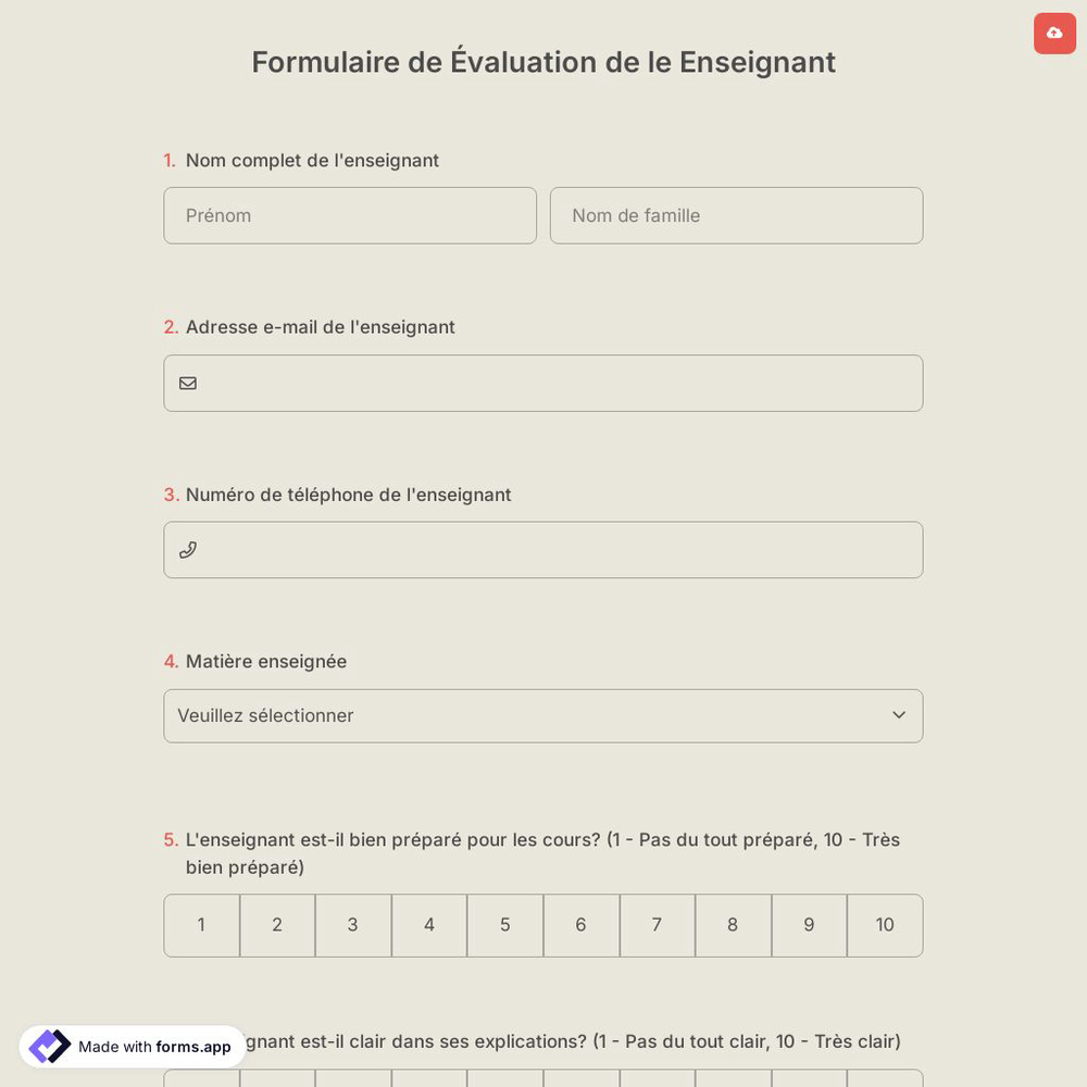 Formulaire D’appreciation des Enseignants