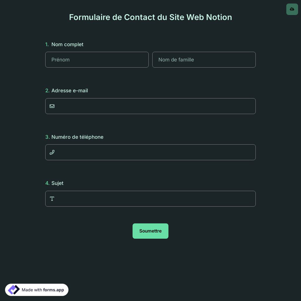 Formulaire de Contact du Site Web Notion