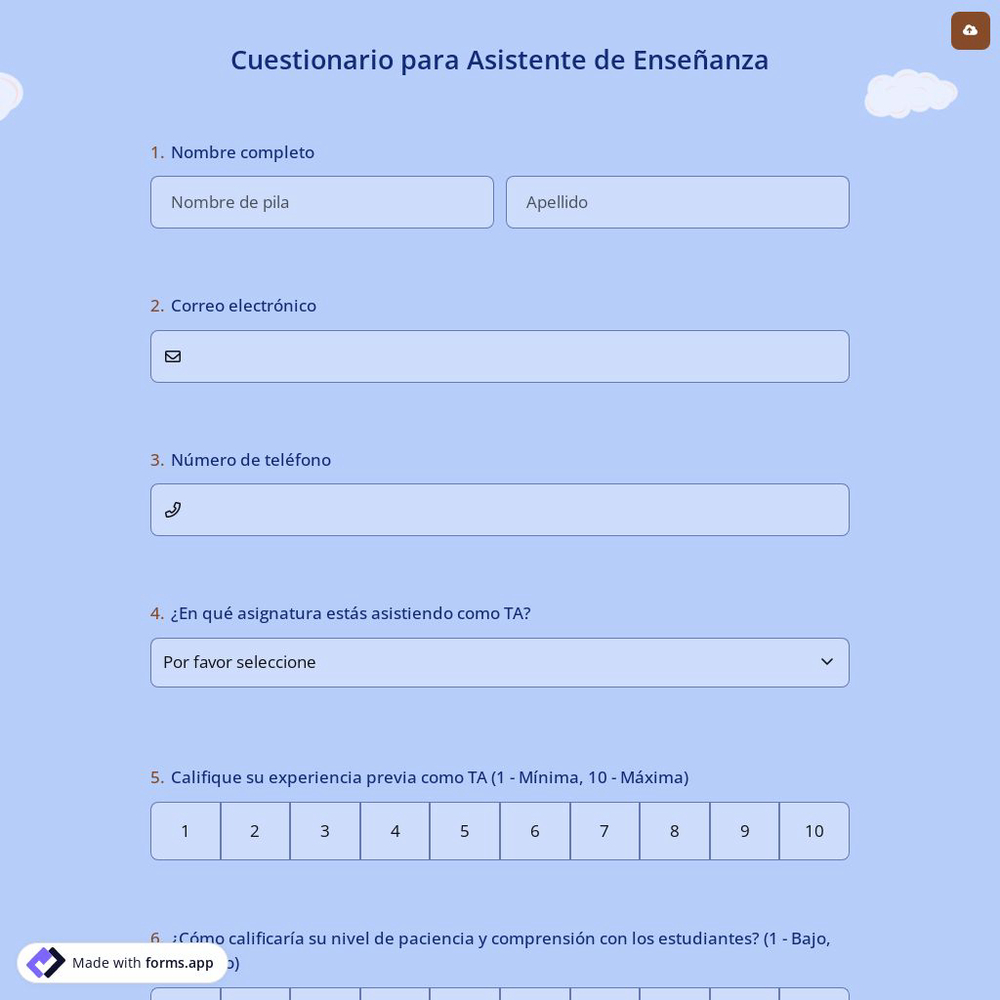 Cuestionario para Asistente de Enseñanza