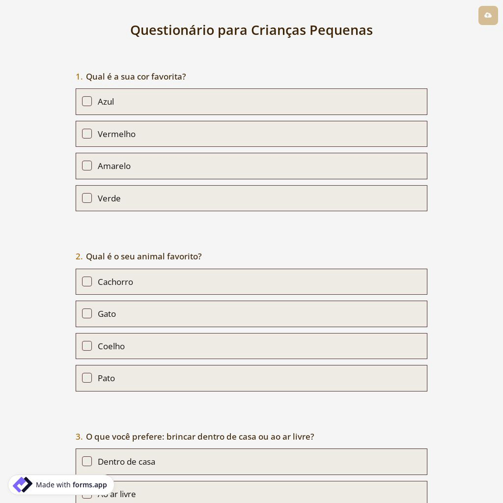 Questionário para Crianças Pequenas