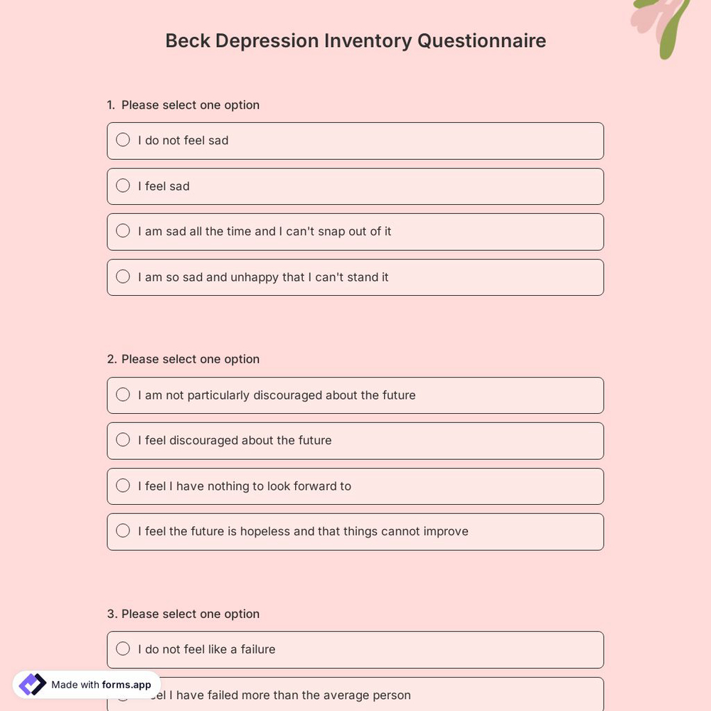 Beck Depression Inventory Questionnaire