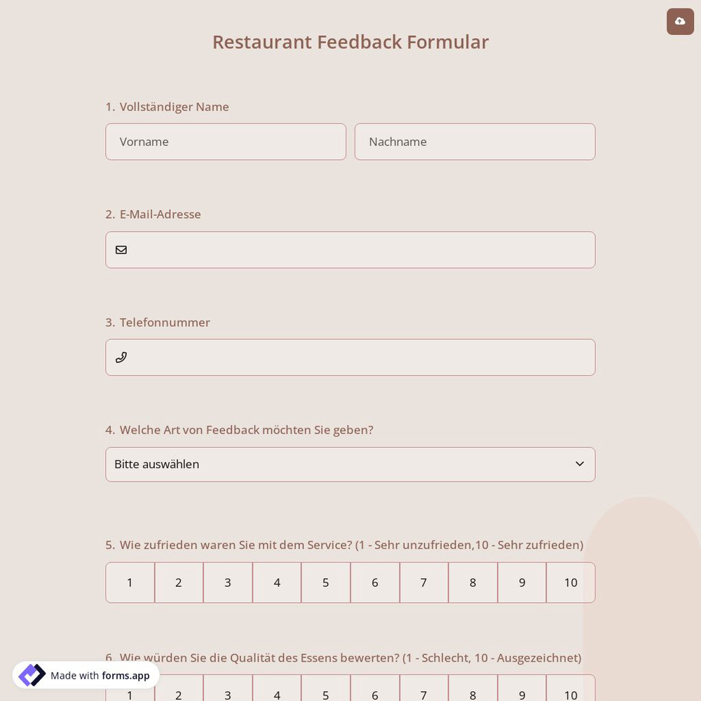 Restaurant Feedback Formular