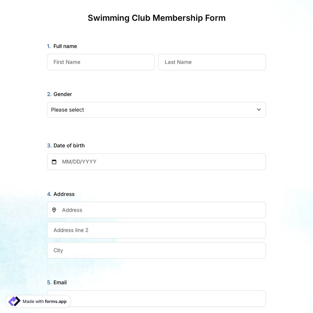 Swimming Club Membership Form