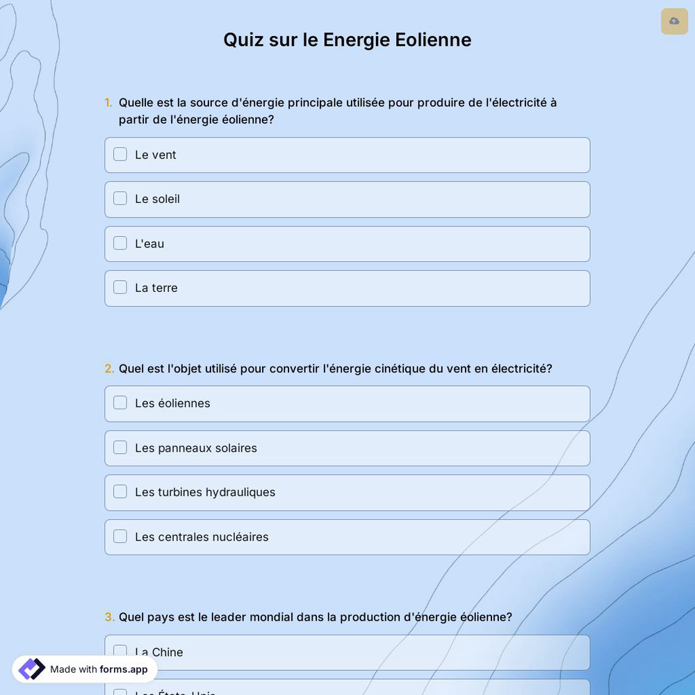 Quiz sur le Energie Eolienne