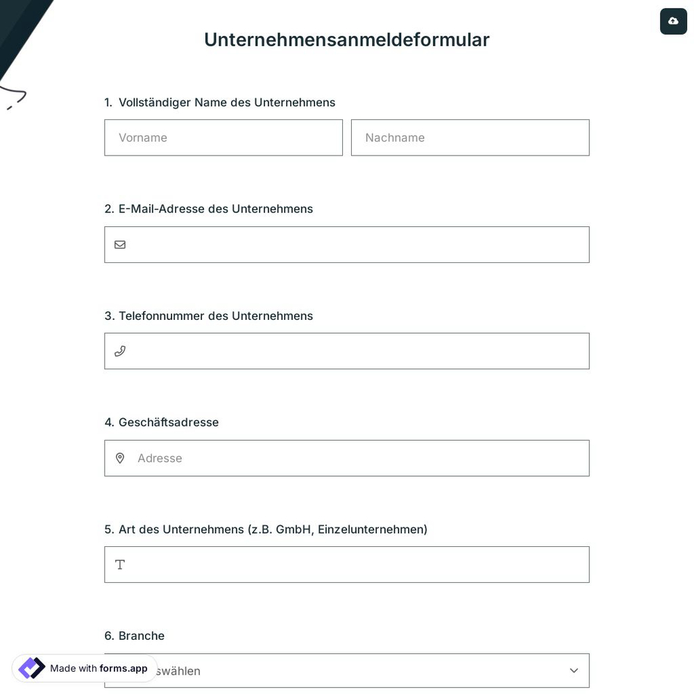 Unternehmensanmeldeformular
