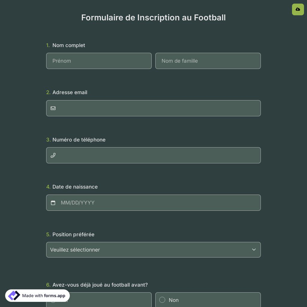 Formulaire de Inscription au Football