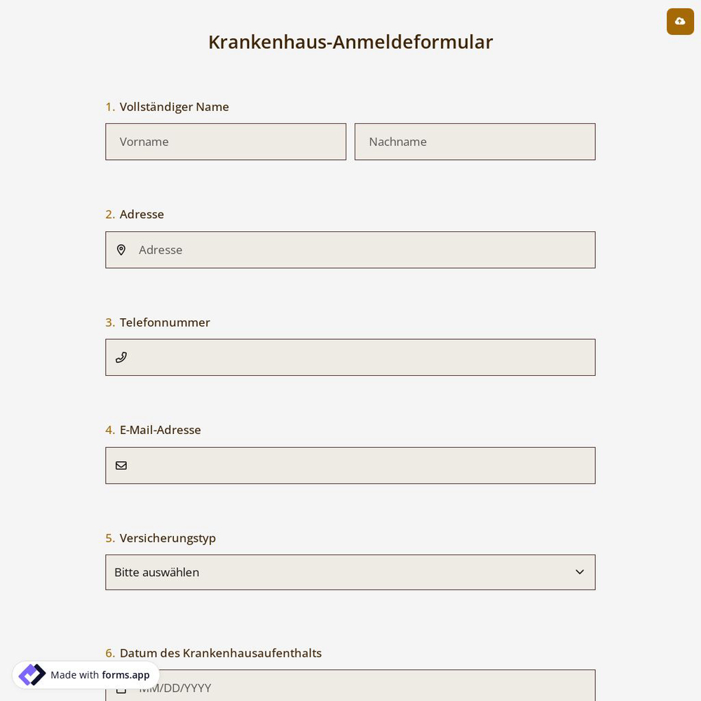 Krankenhaus-Anmeldeformular