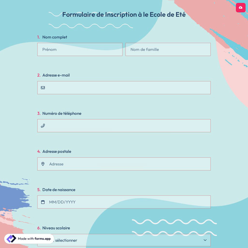 Formulaire de Inscription à le Ecole de Eté